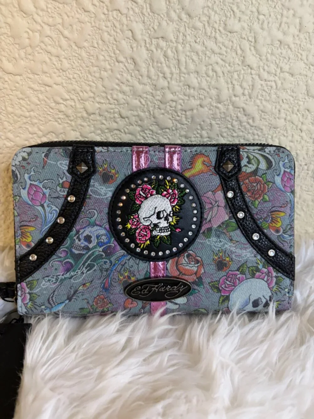 Ed Hardy Skull Rose Tattoo Double Zip Wristlet Wallet Goth Y2K Rockabilly